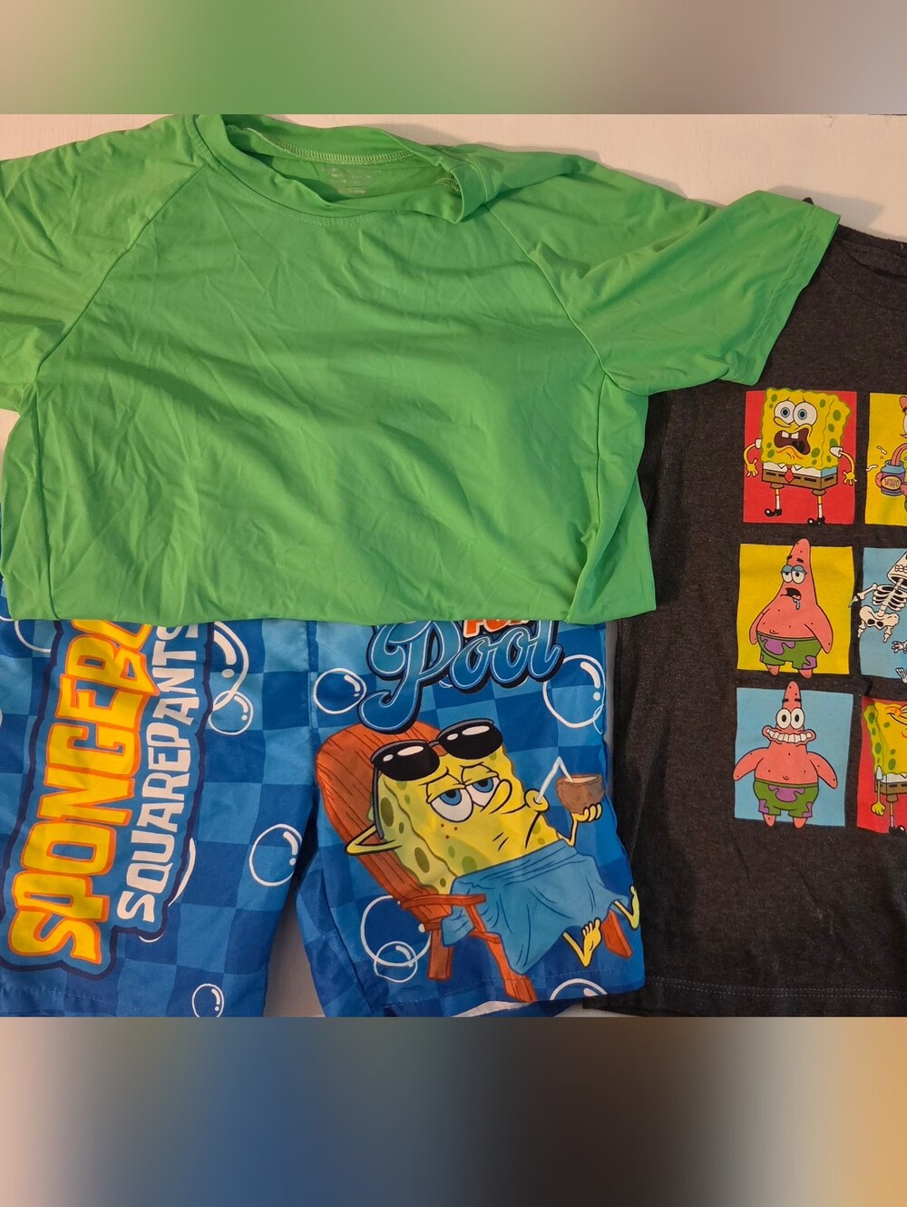 Lot SpongeBob SquarePants Graphic Tee, Swim Trunks, Rash Guard Size S, 8